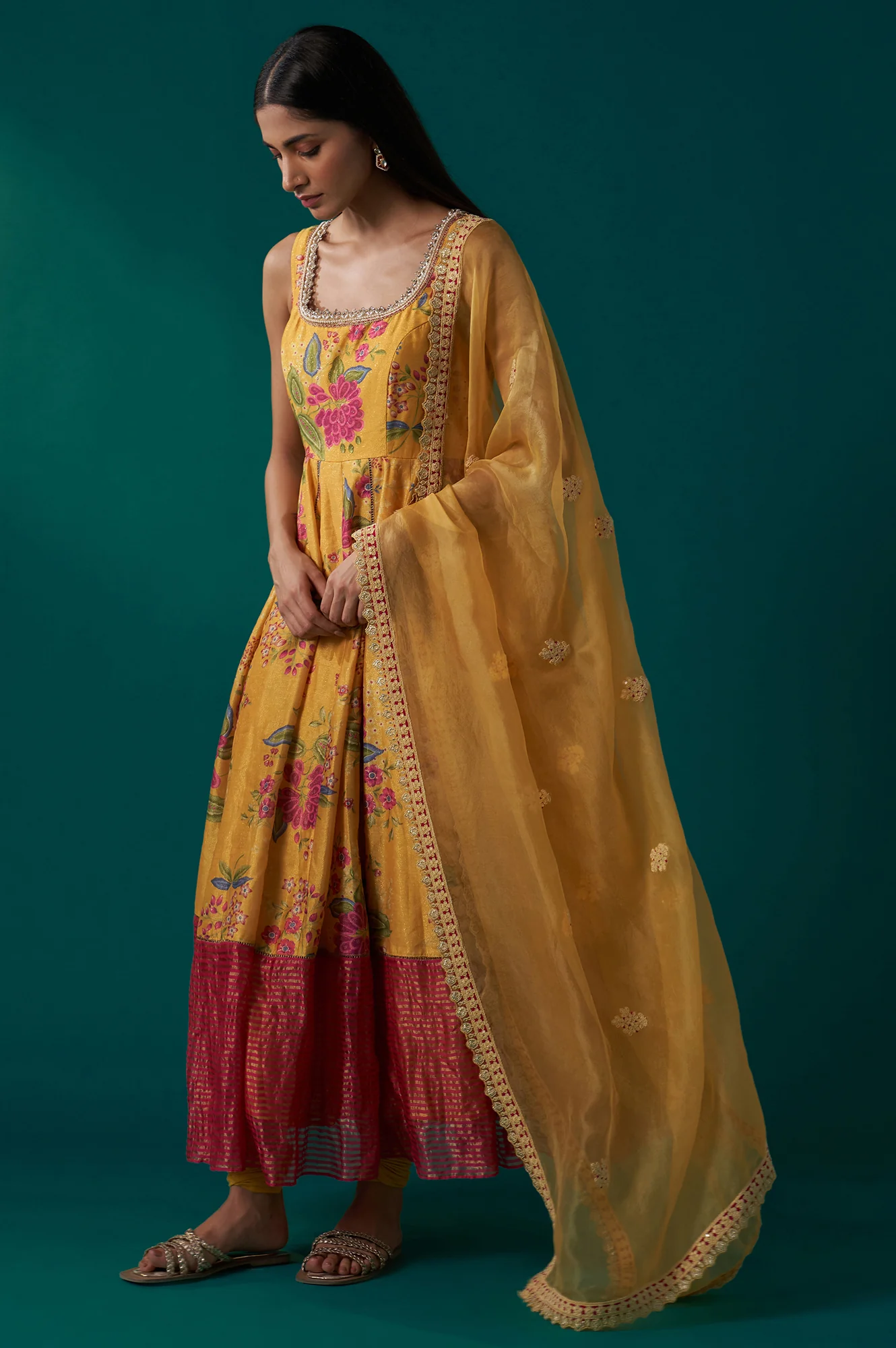 Yellow Floral Print Embroidered Anarkali Tissue Kurta with Churidar and Dupatta Set - Image 3