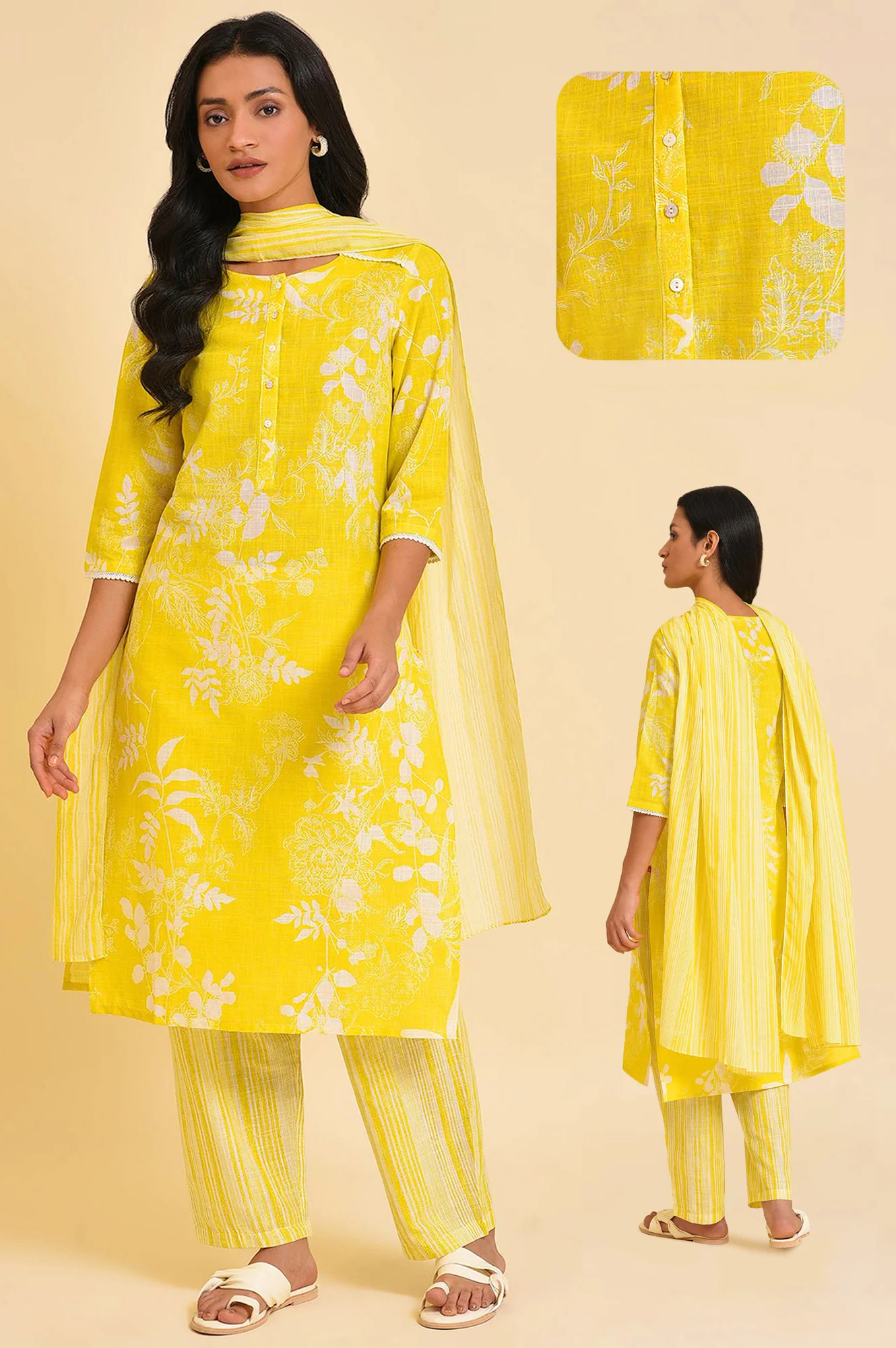 Yellow Floral Printed Pure Cotton Lace Kurta and Pants Set with Dupatta - Image 2