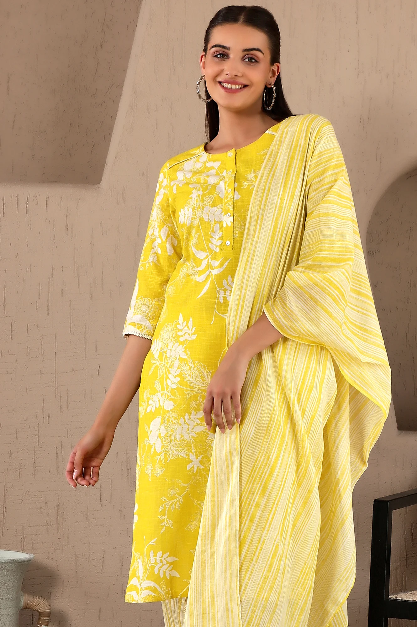 Yellow Floral Printed Pure Cotton Lace Kurta and Pants Set with Dupatta - Image 3