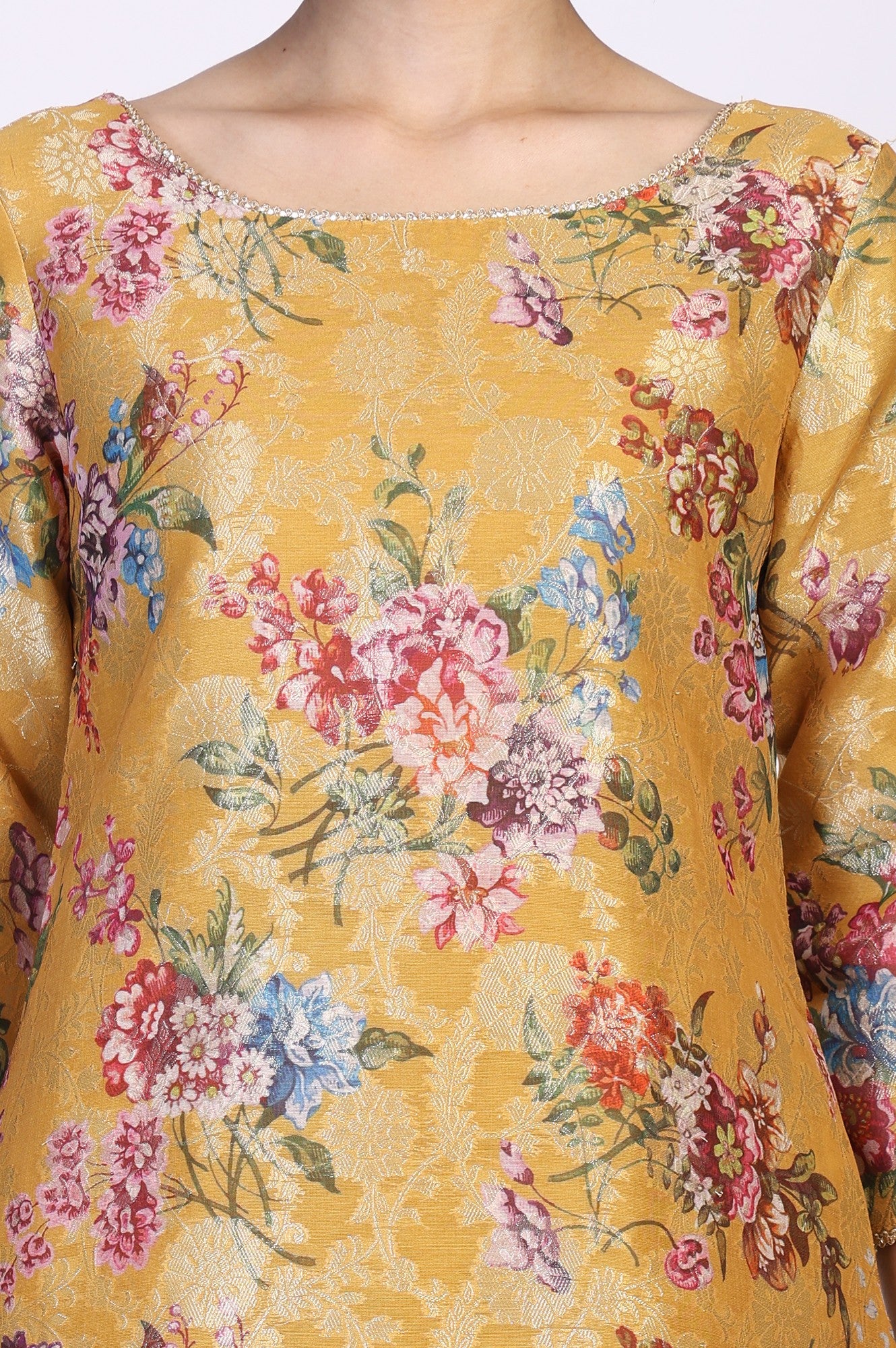 Yellow Floral Print Tape Straight Jacquard Kurta - Image 3