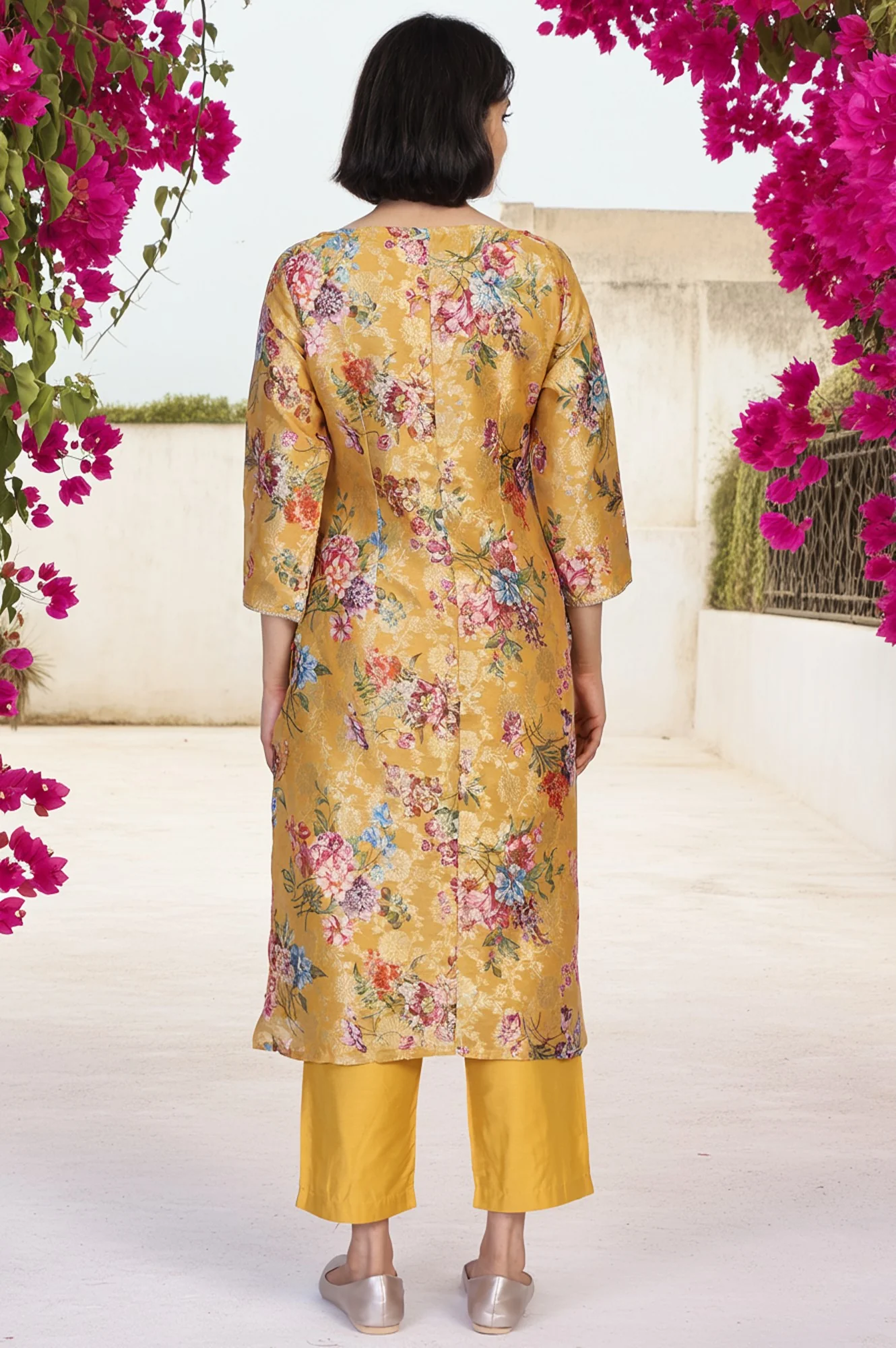 Yellow Floral Print Tape Straight Jacquard Kurta - Image 5