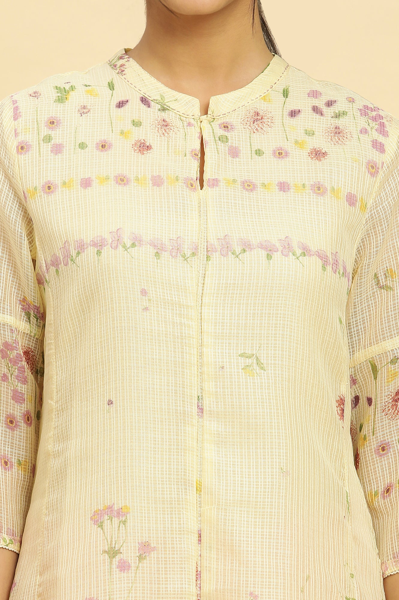 Yellow Floral Printed A-Line Kota Kurta - Image 6
