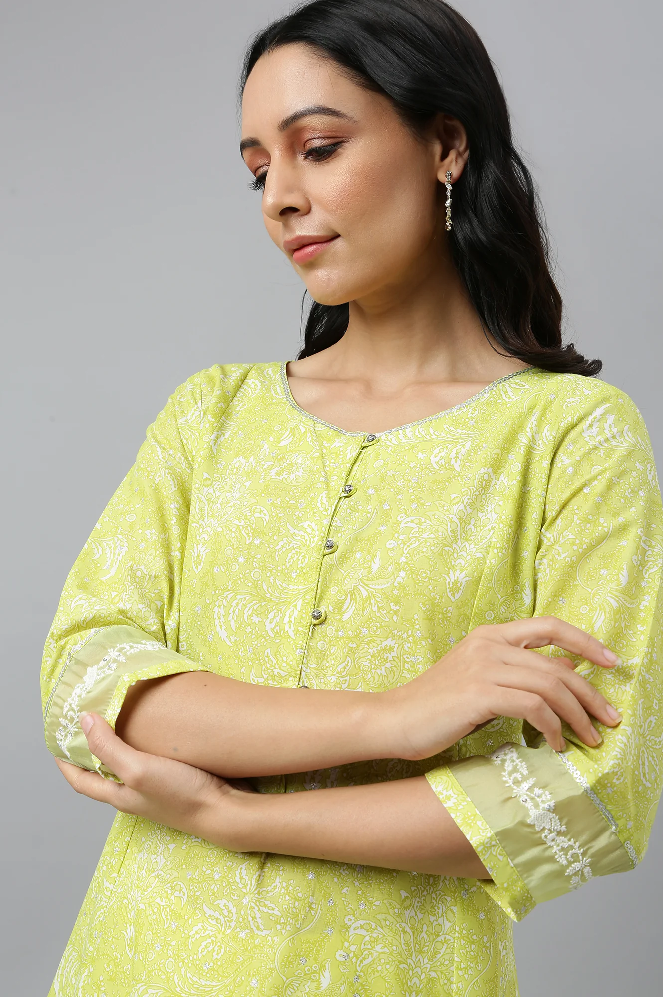Yellow Floral Printed Pure Cotton A-Line Kurta - Image 10