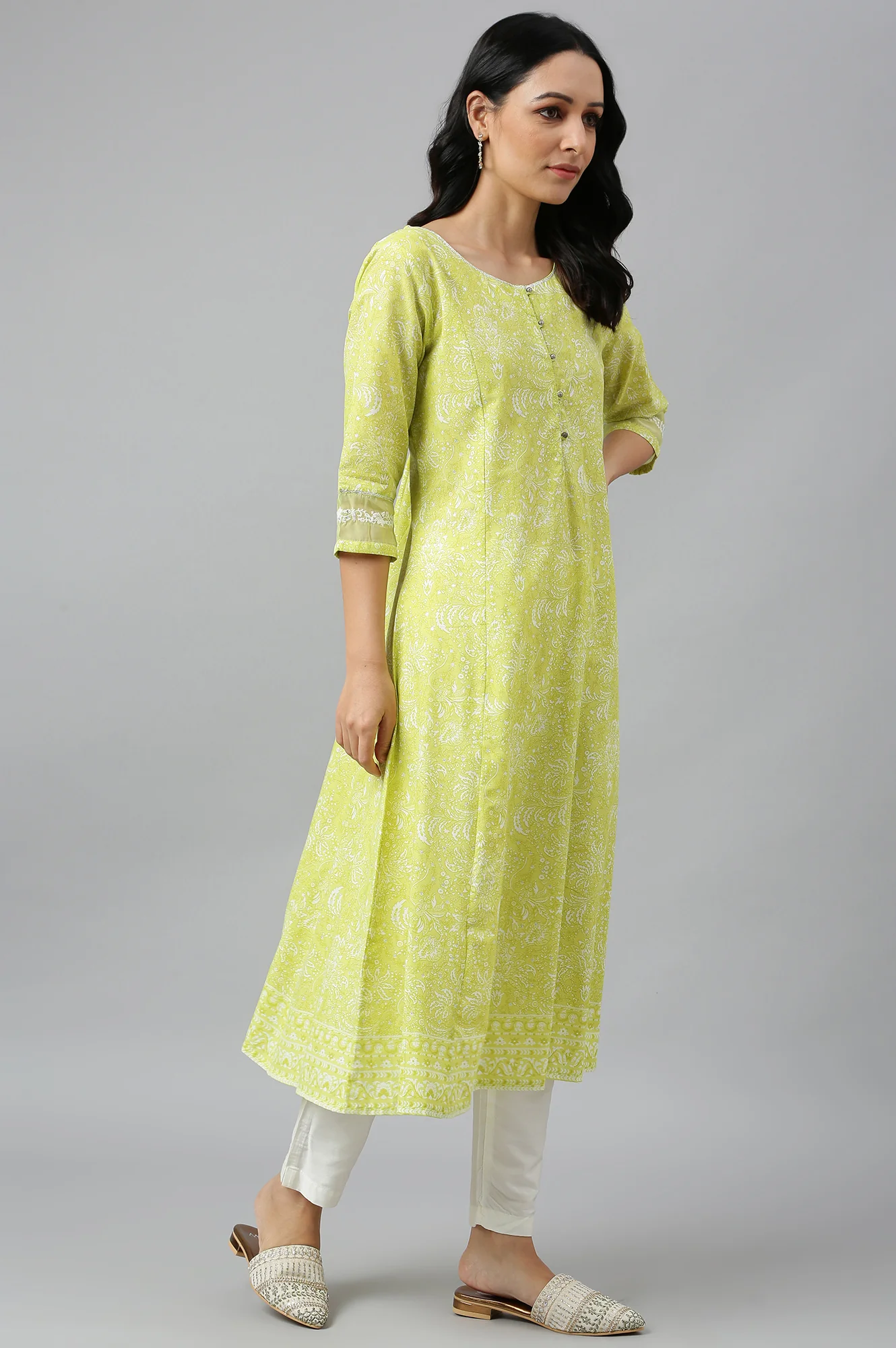 Yellow Floral Printed Pure Cotton A-Line Kurta - Image 7