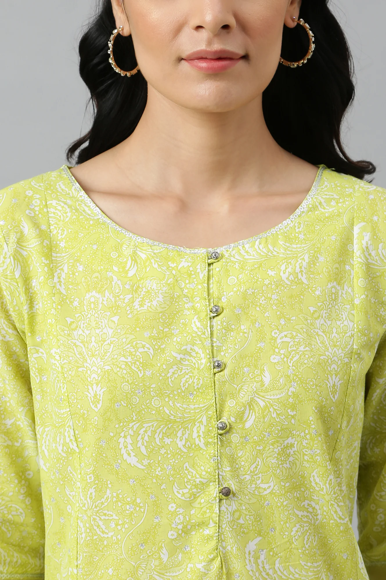 Yellow Floral Printed Pure Cotton A-Line Kurta - Image 9