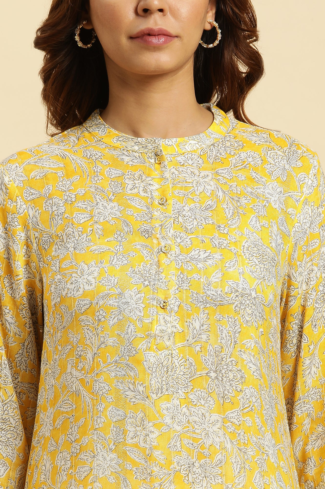 Yellow Floral Printed A-line Kurta with Parallel Pant Set - Image 2