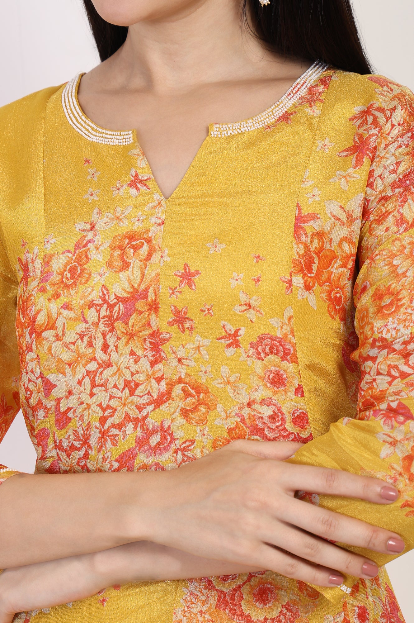 Yellow Floral Printed Beaded A-Line Tissue Kurta with Straight Pant Set - Image 3