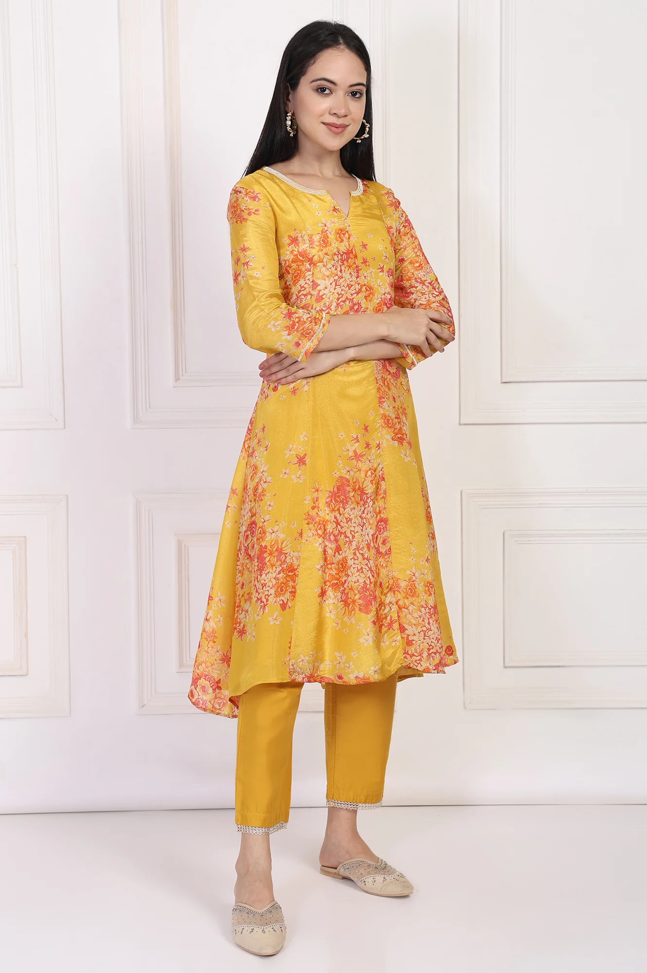 Yellow Floral Printed Beaded A-Line Tissue Kurta with Straight Pant Set - Image 6