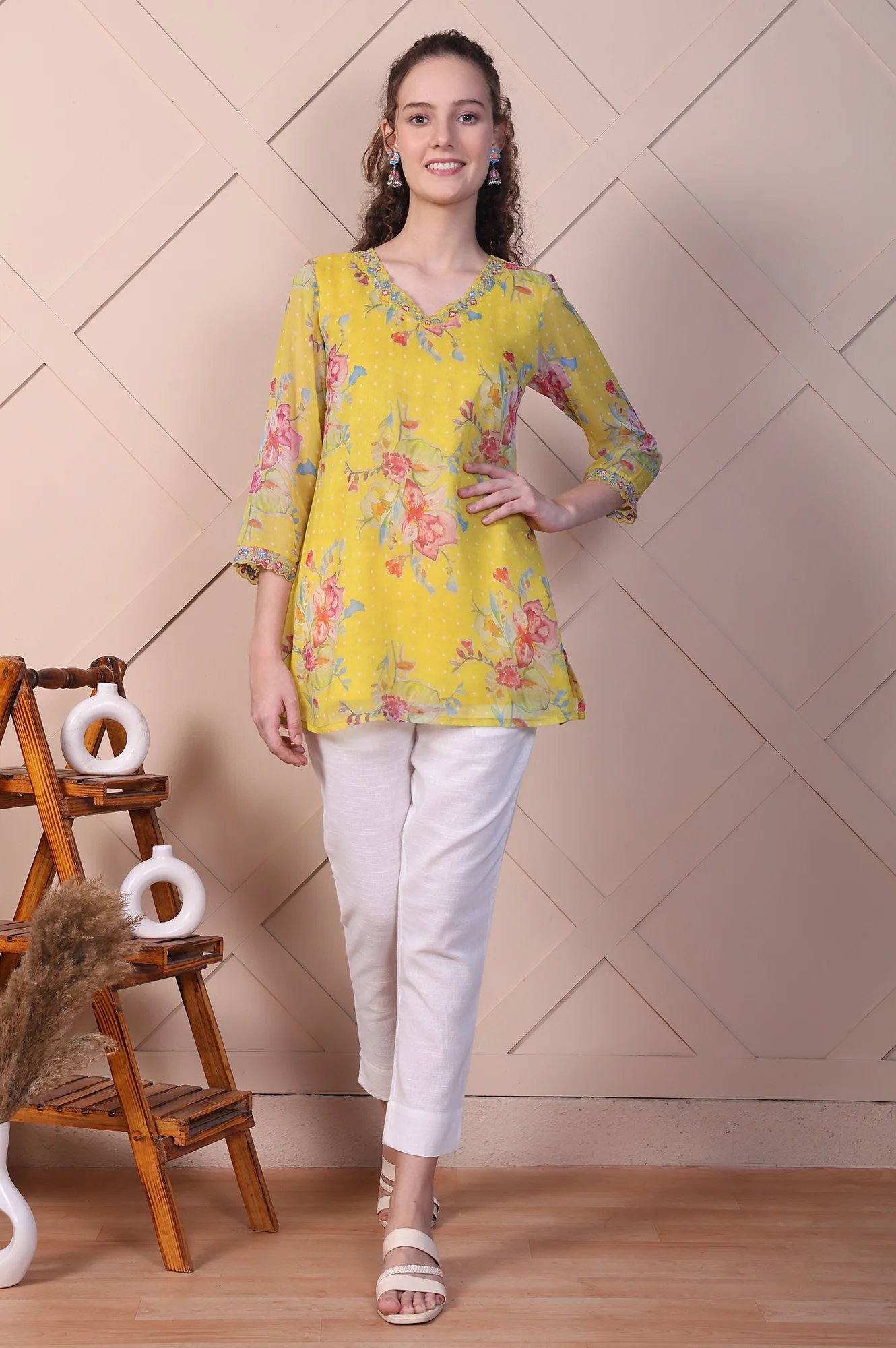 Yellow Floral Printed Chiffon A-line Top with Embroidered Neck - Image 2
