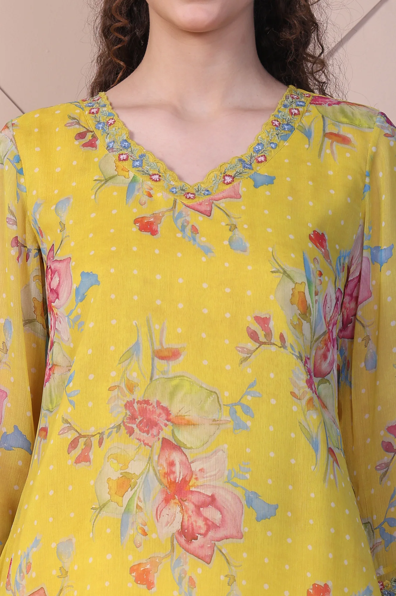 Yellow Floral Printed Chiffon A-line Top with Embroidered Neck - Image 3