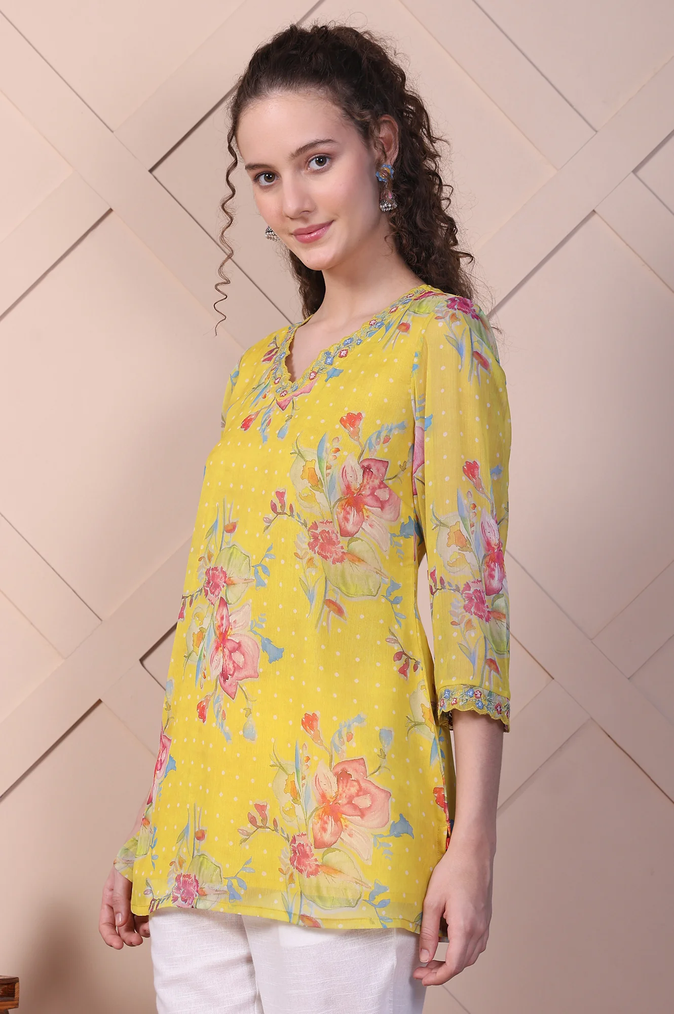 Yellow Floral Printed Chiffon A-line Top with Embroidered Neck - Image 4