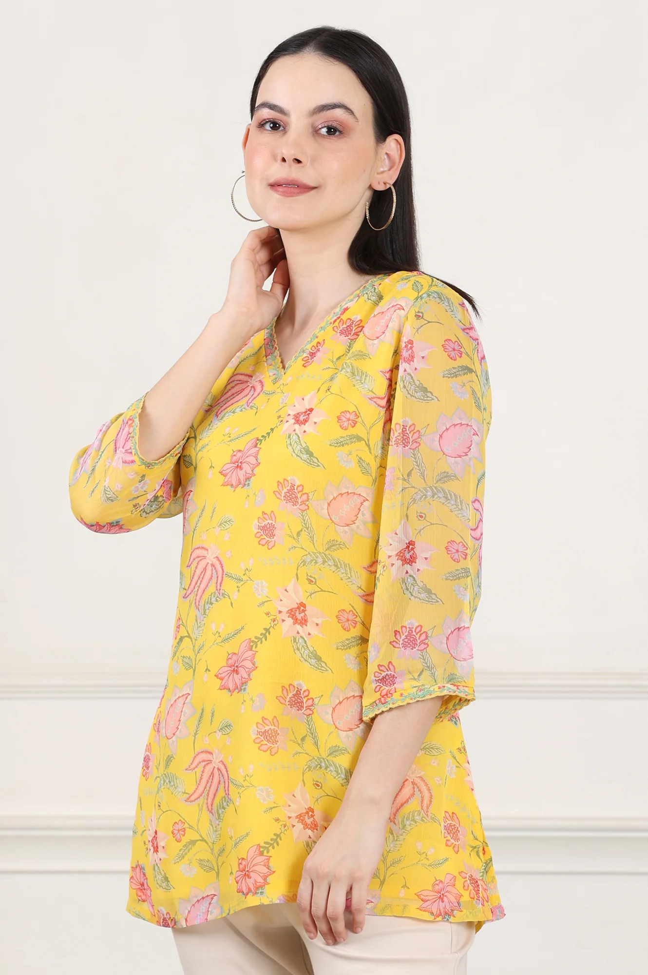 Yellow Floral Printed Chiffon Tunic With Embroidered Neckline - Image 4