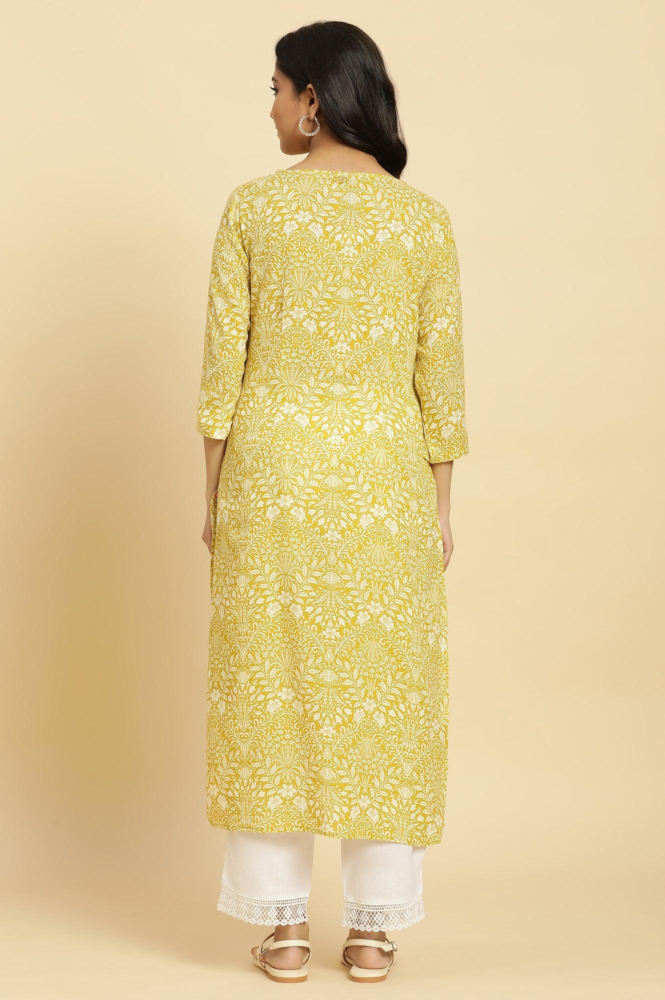 Yellow Floral Printed Cotton Kurta - Image 4