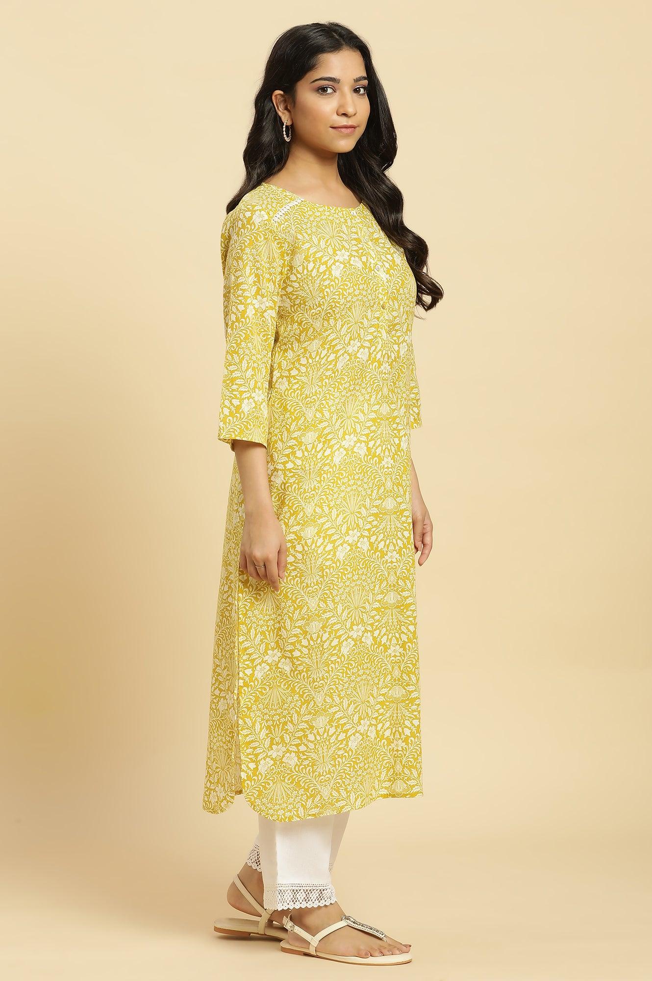Yellow Floral Printed Cotton Kurta - Image 5