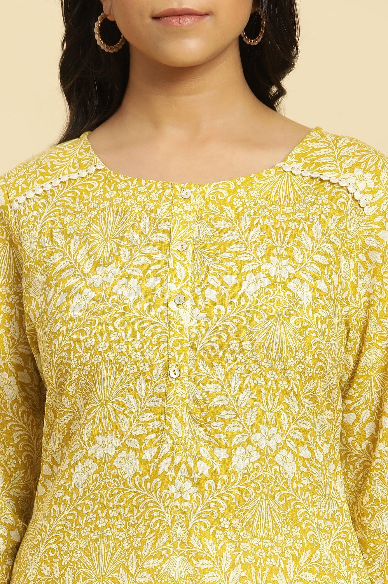 Yellow Floral Printed Cotton Kurta - Image 6