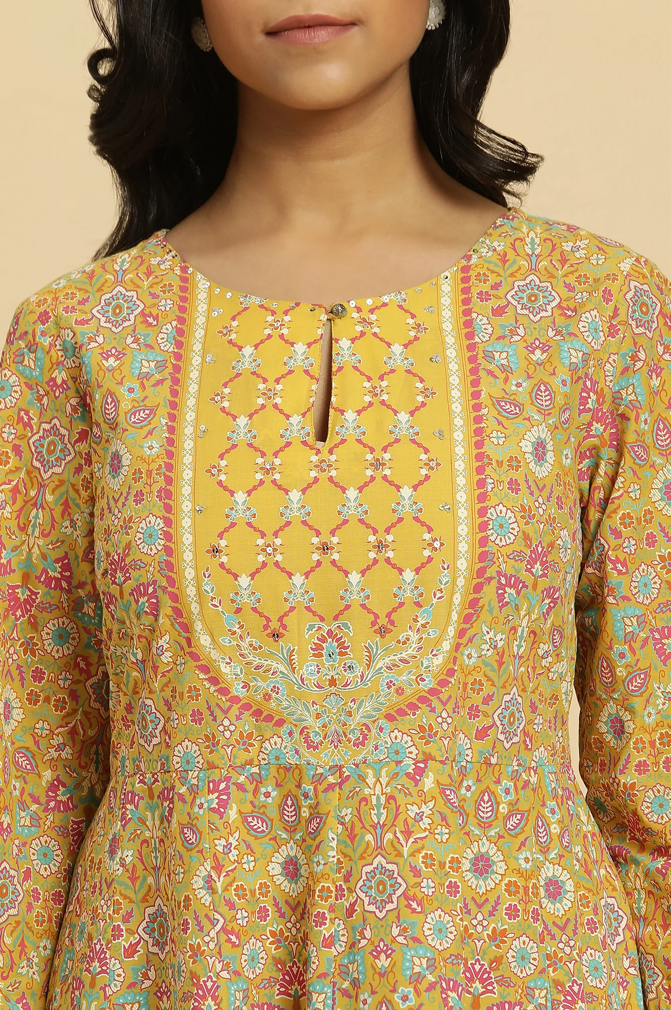 Yellow Floral Printed Flared Kurta And Pants Set - Image 6
