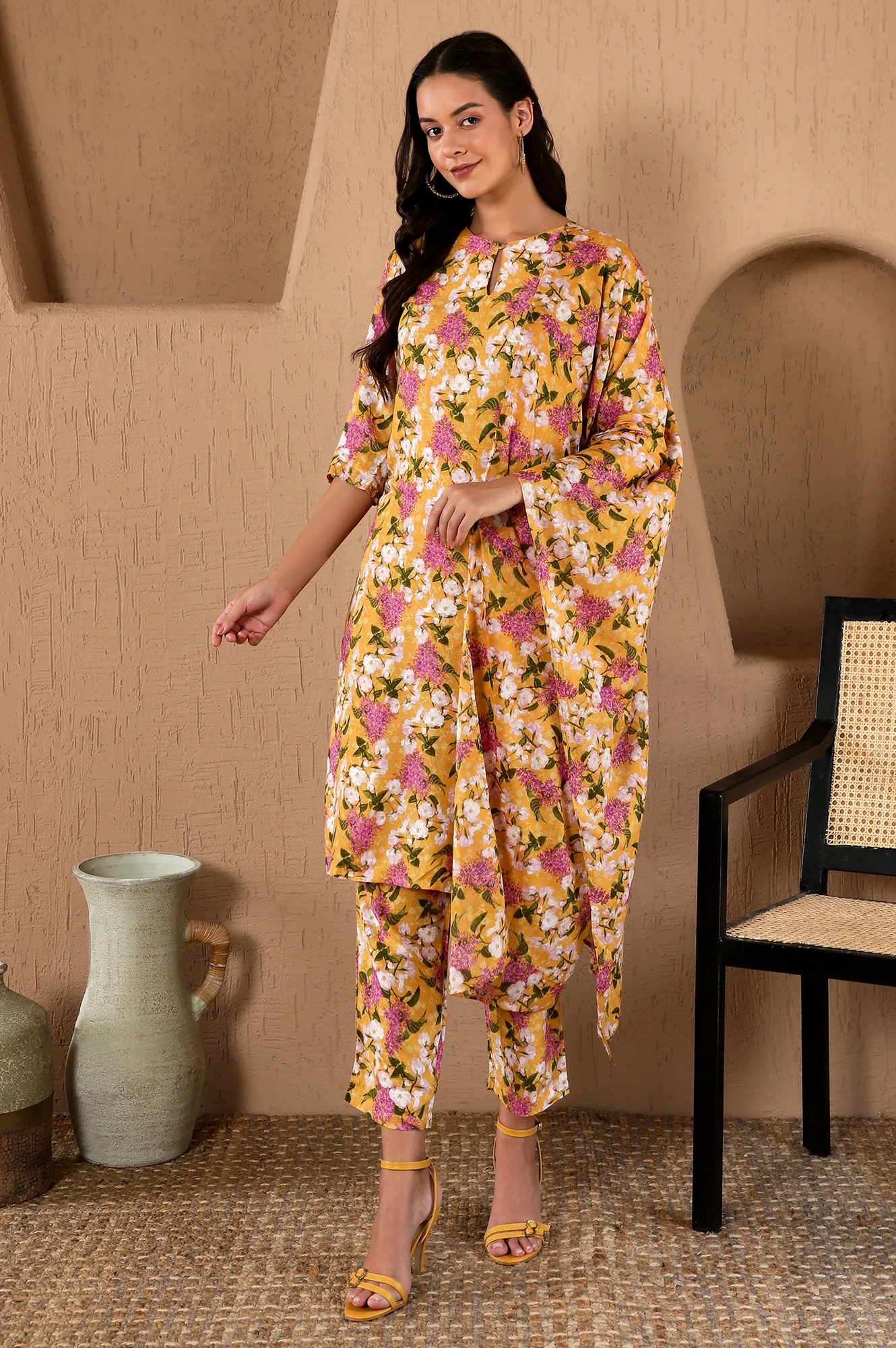 Yellow Floral Printed Kurta, Pants and Dupatta Set - Image 3