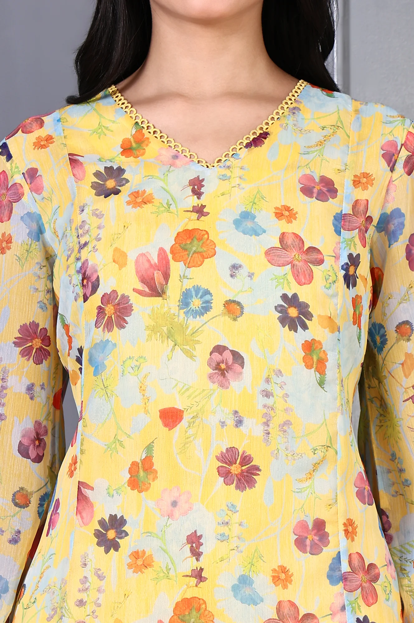 Yellow Floral Printed Lace Chiffon A-line Kurta - Image 3