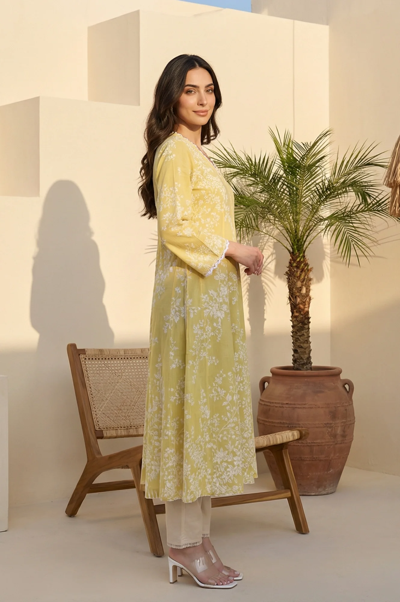 Yellow Floral Printed Lace Pure Cotton A-line Kurta - Image 3