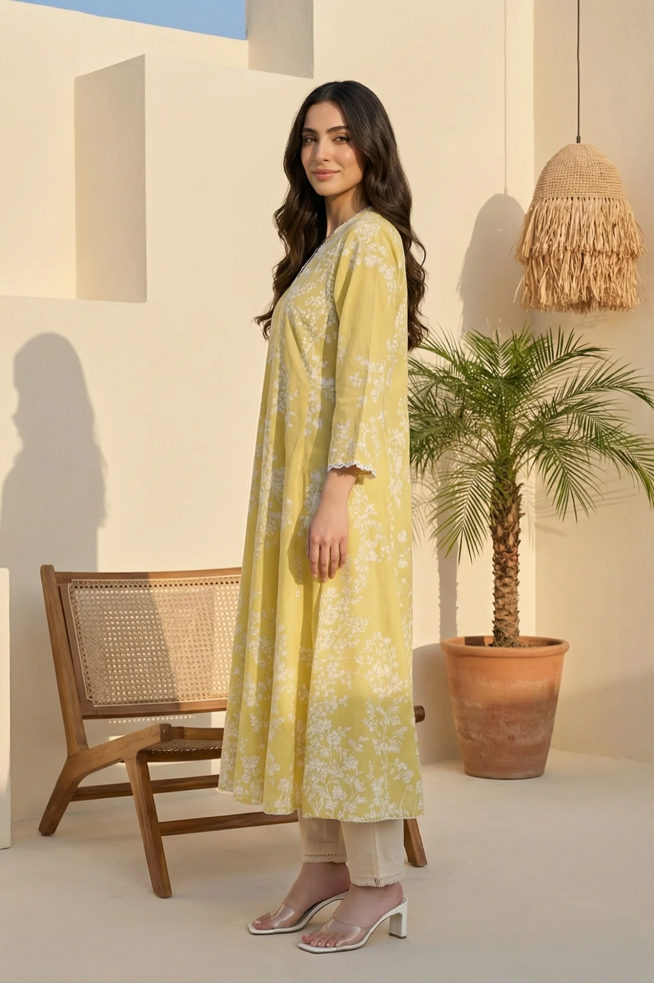 Yellow Floral Printed Lace Pure Cotton A-line Kurta - Image 5