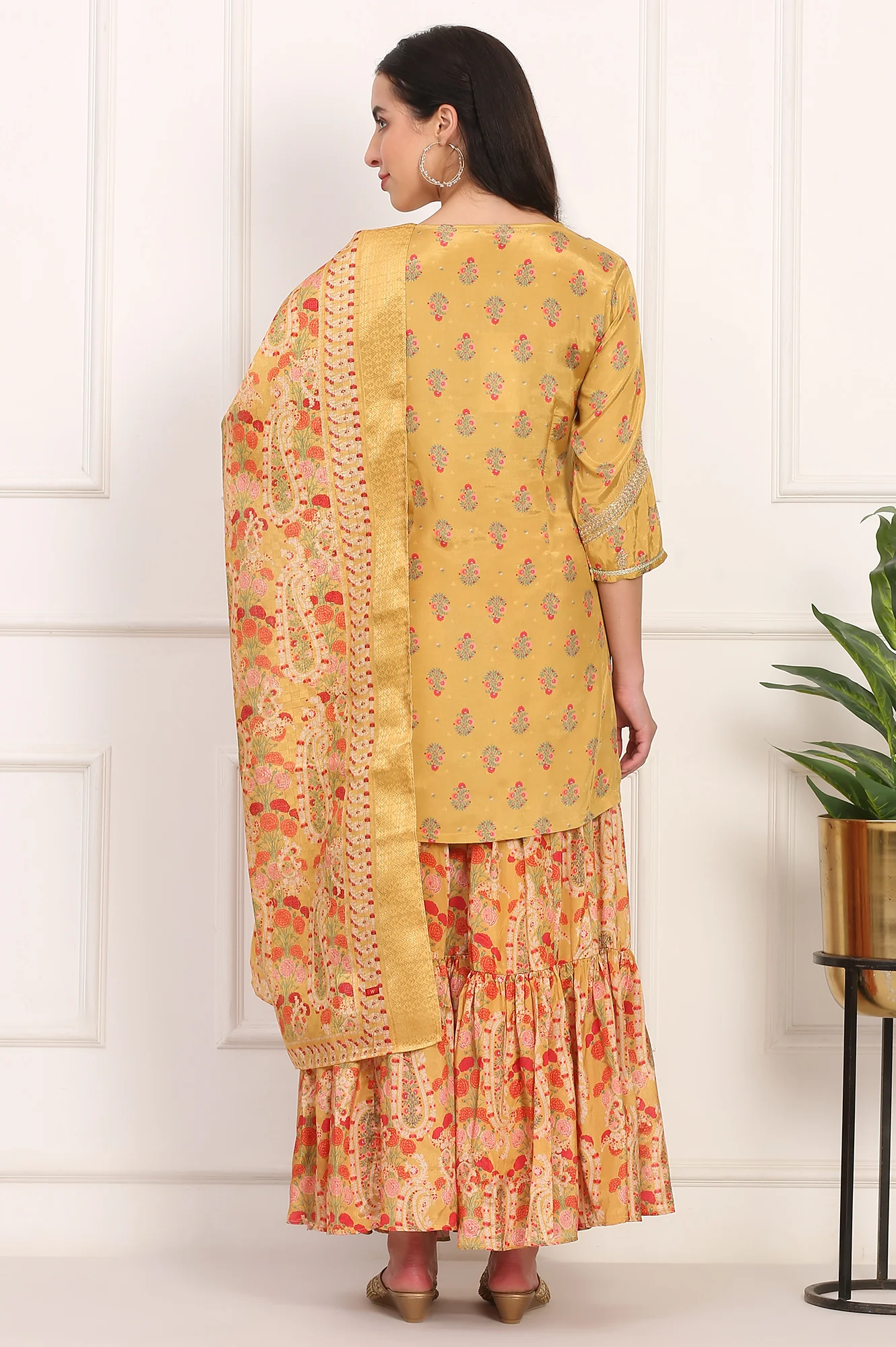Yellow Floral Printed Metallic Embroidery Flared Kurta, Sharara and Dupatta Set - Image 5