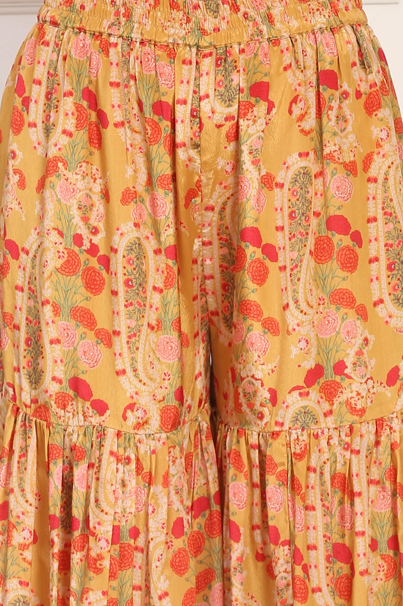 Yellow Floral Printed Metallic Embroidery Flared Kurta, Sharara and Dupatta Set - Image 8