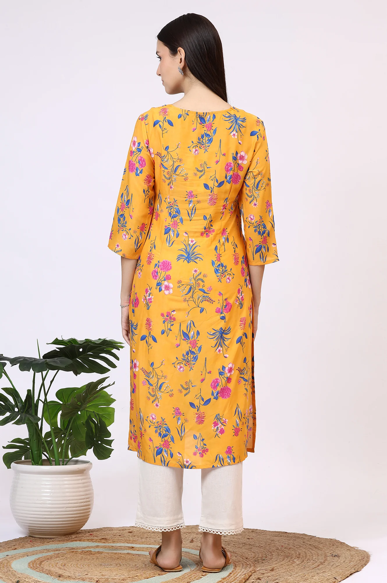 Yellow Floral Printed Modal Straight Kurta with Lace - Image 6