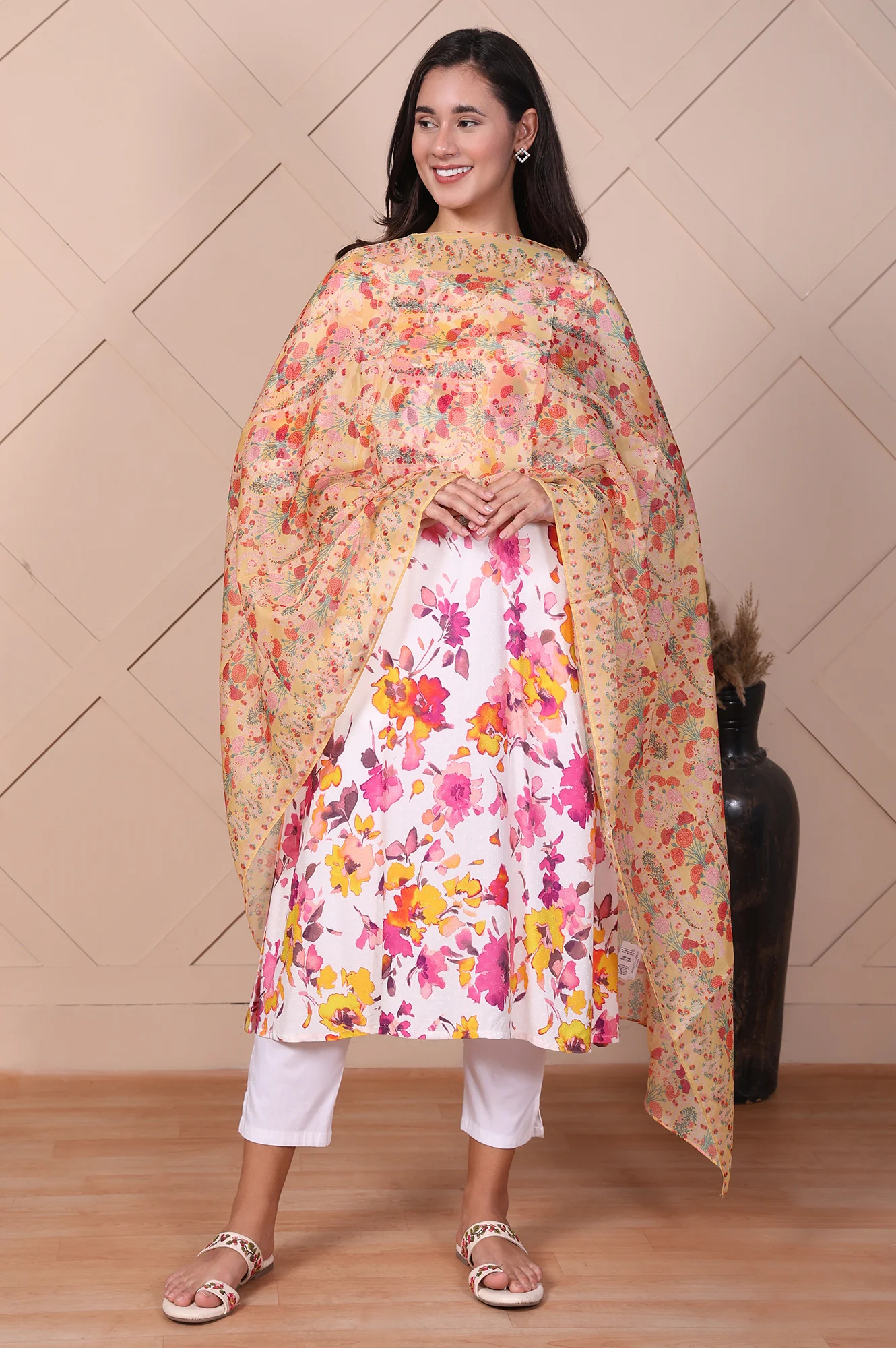 Yellow Floral Printed Organza Dupatta - Image 2