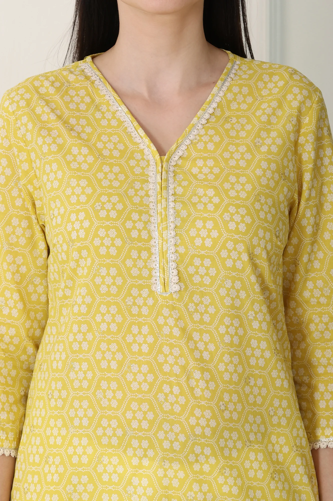 Yellow Floral Printed Pure Cotton Soft & Breathable Kurta With Lace - Image 3