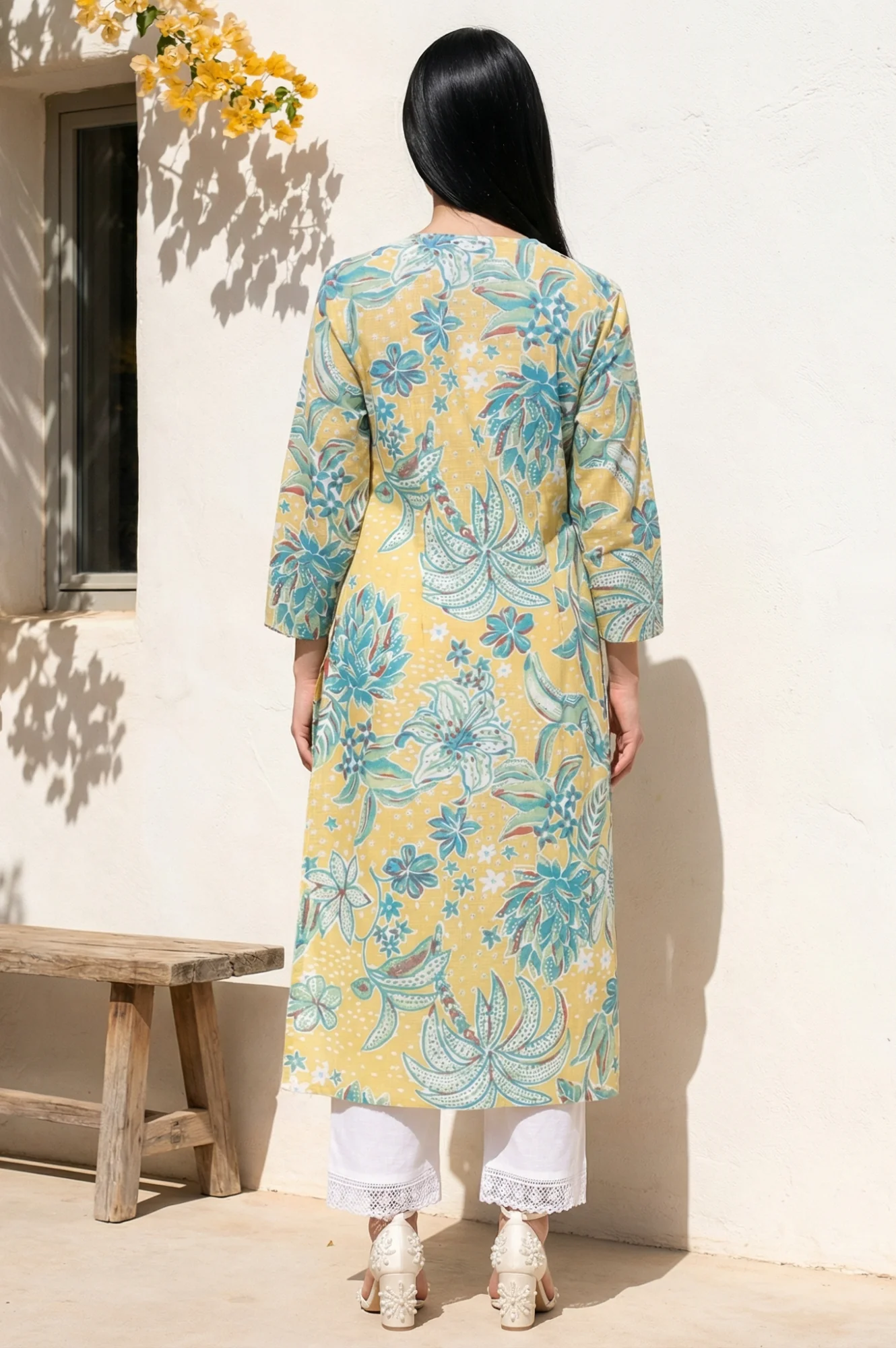 Yellow Floral Printed Pure Cotton Straight Kurta - Image 4
