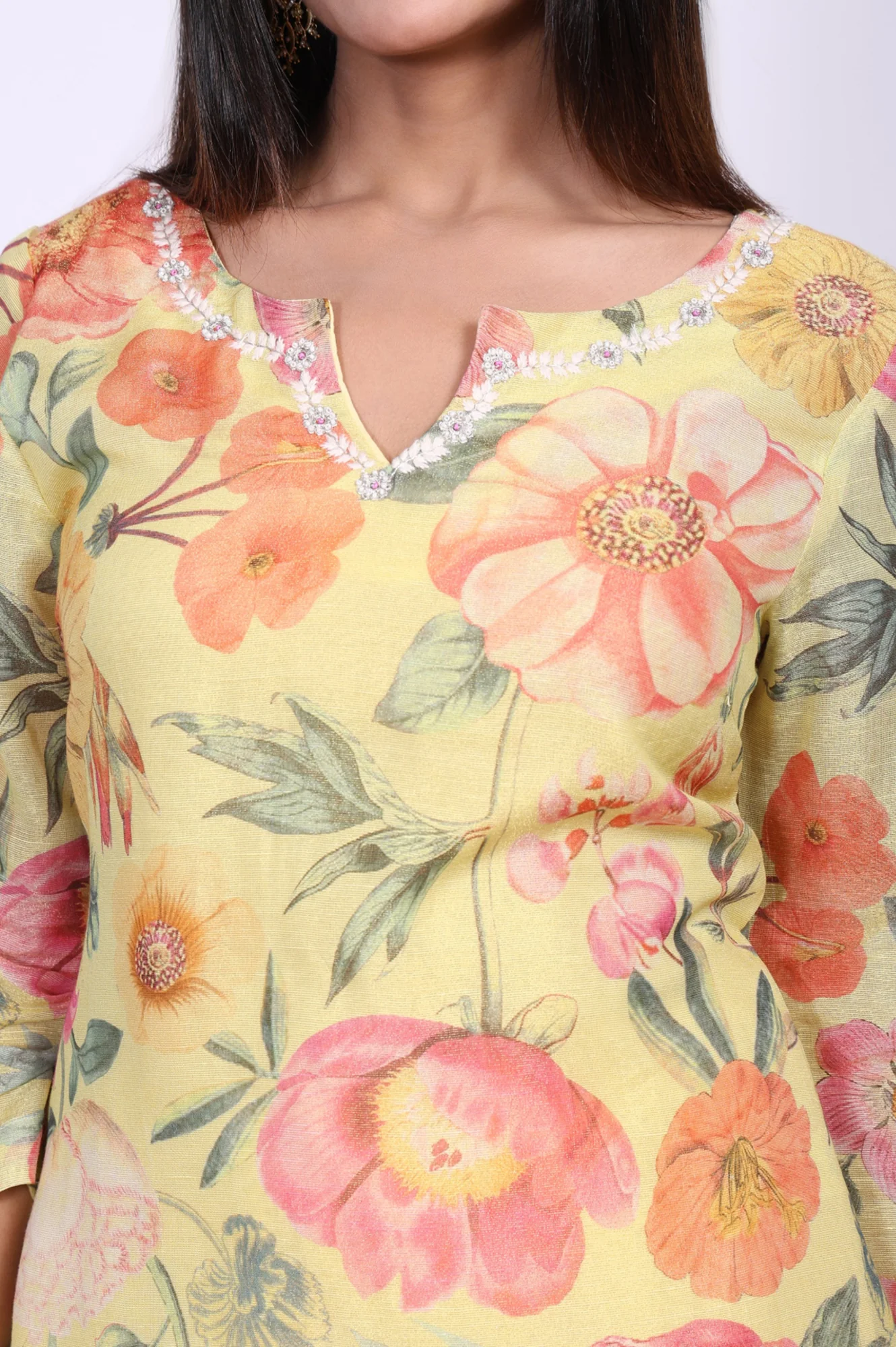 Yellow Floral Printed Sequins Straight Kurta - Image 5