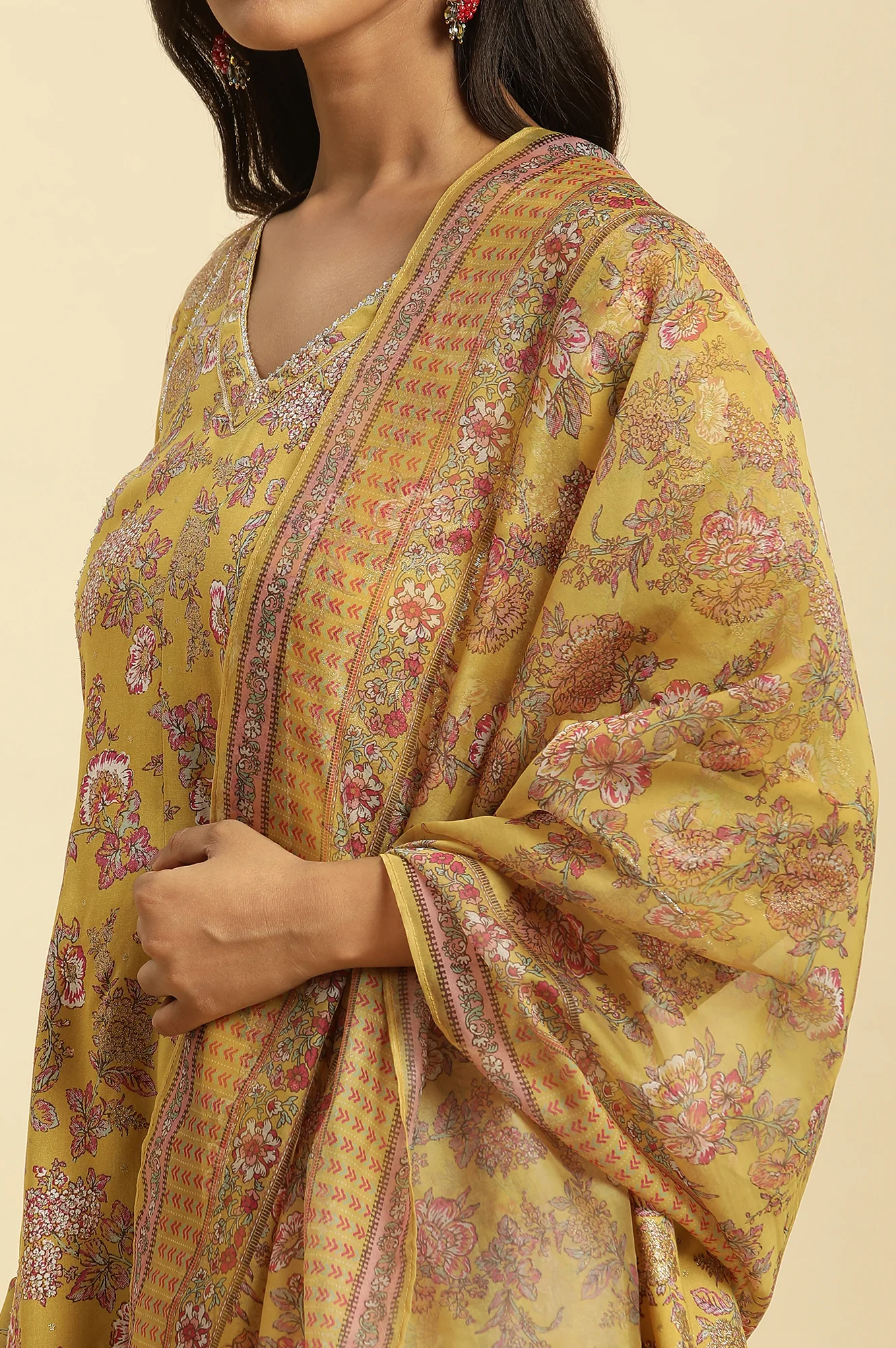 Yellow Floral Printed Short Flared Kurta, Sharara and Dupatta Set - Image 8