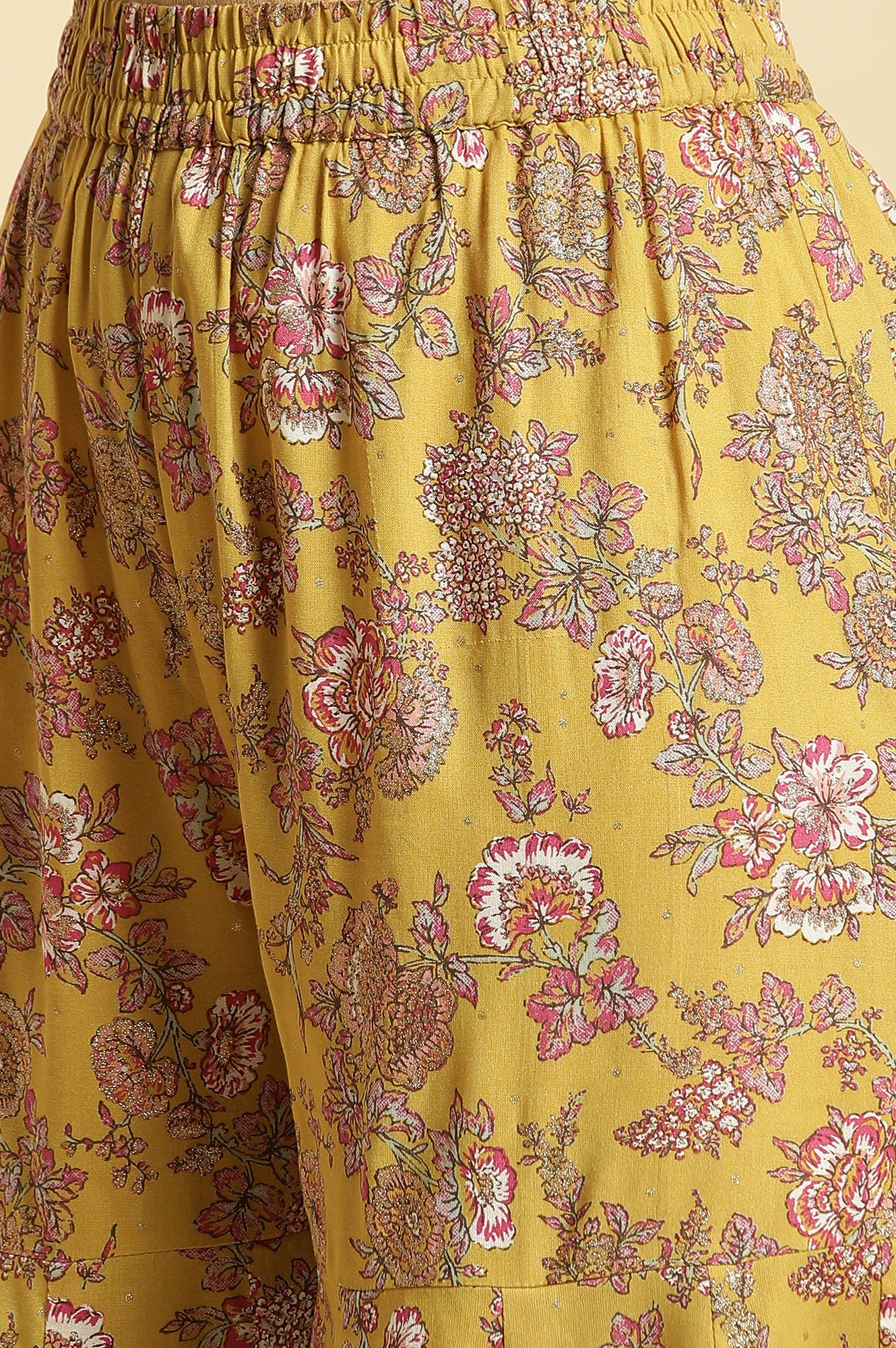 Yellow Floral Printed Short Flared Kurta, Sharara And Dupatta Set - Image 10