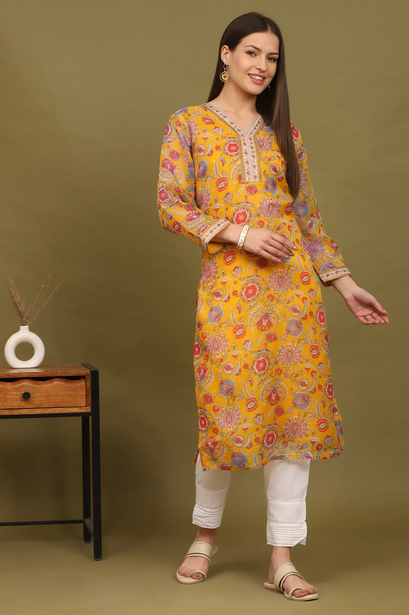 Yellow Floral Printed Straight Kota Kurta - Image 6