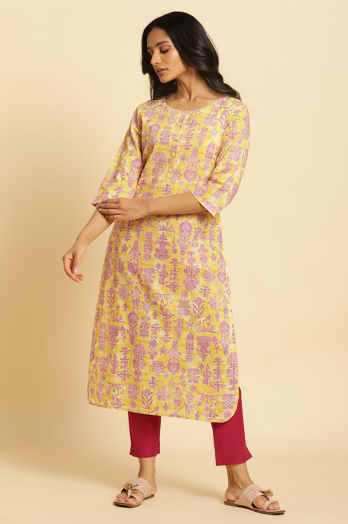 Yellow Floral Printed Straight Kurta - Image 5