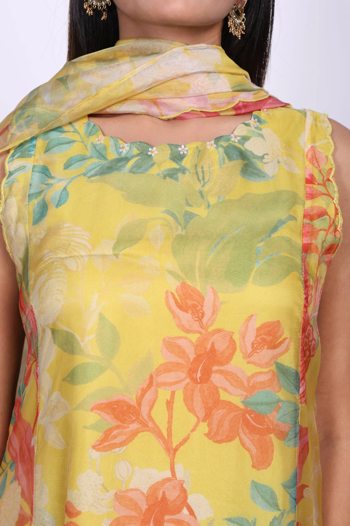 Yellow Floral Printed Straight Kurta with Flared Pant and Dupatta Set - Image 2