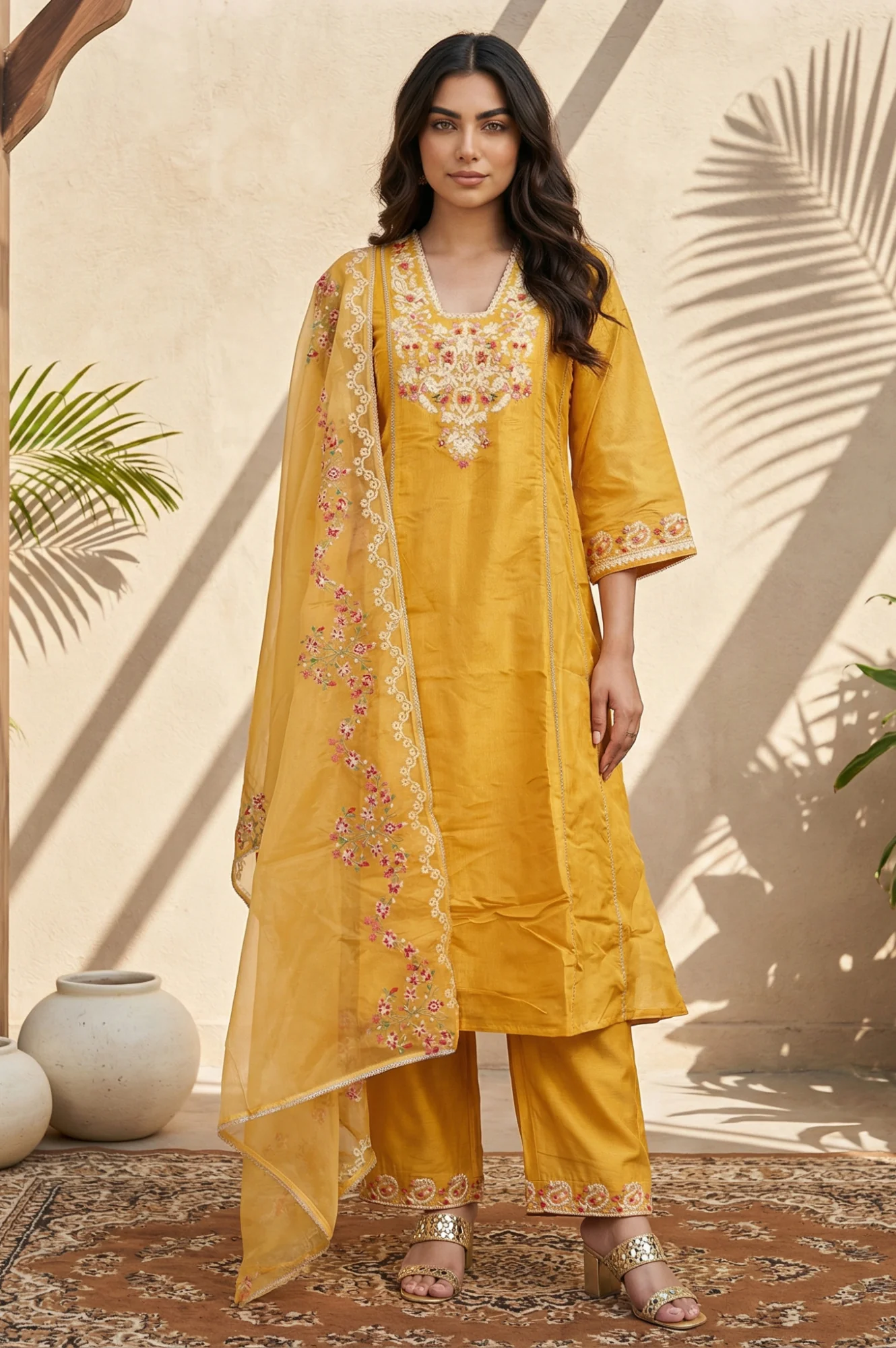 Yellow Floral Embroidered Straight Kurta with Pants and Dupatta Set - Image 2