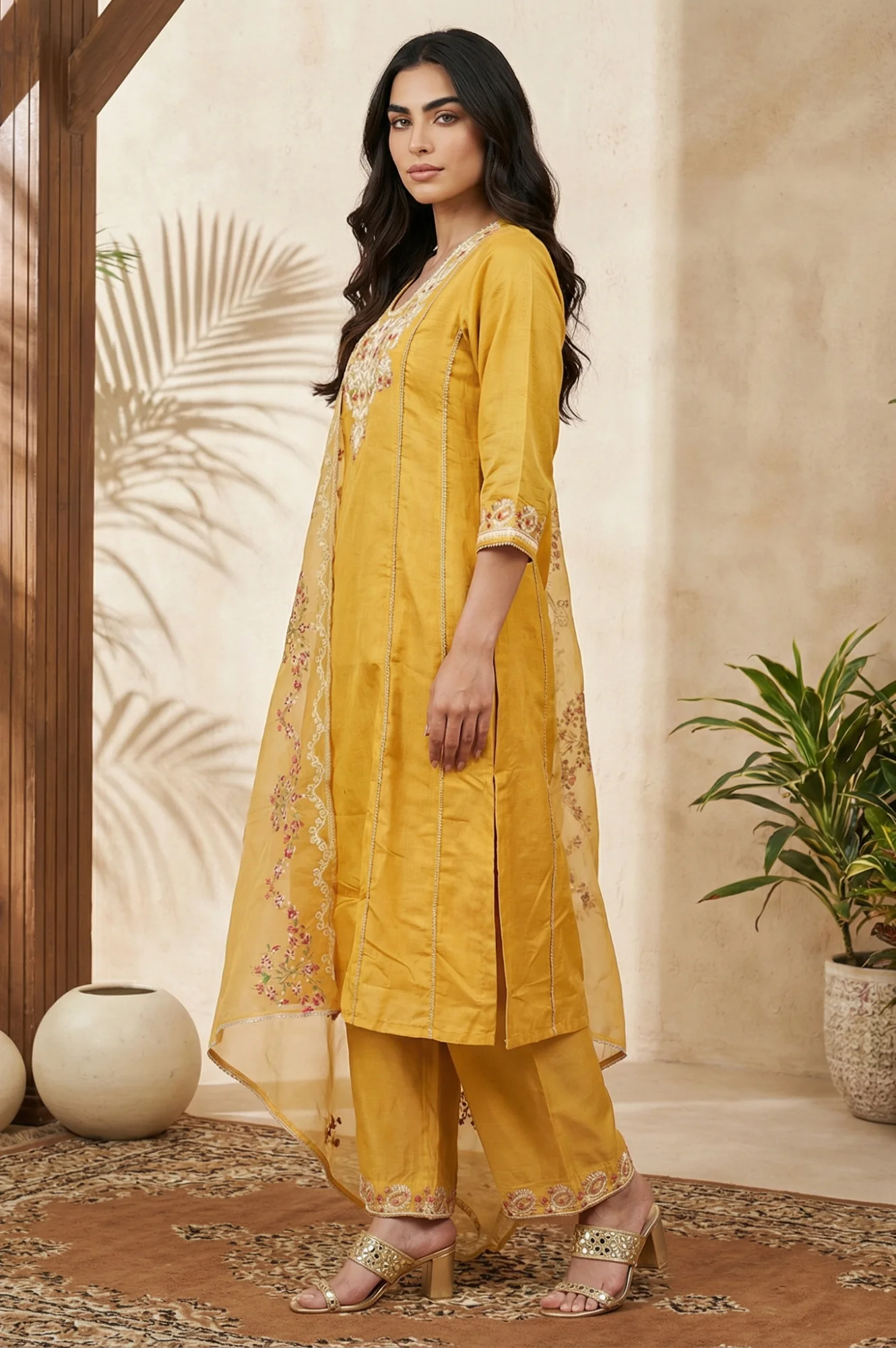 Yellow Floral Embroidered Straight Kurta with Pants and Dupatta Set - Image 4