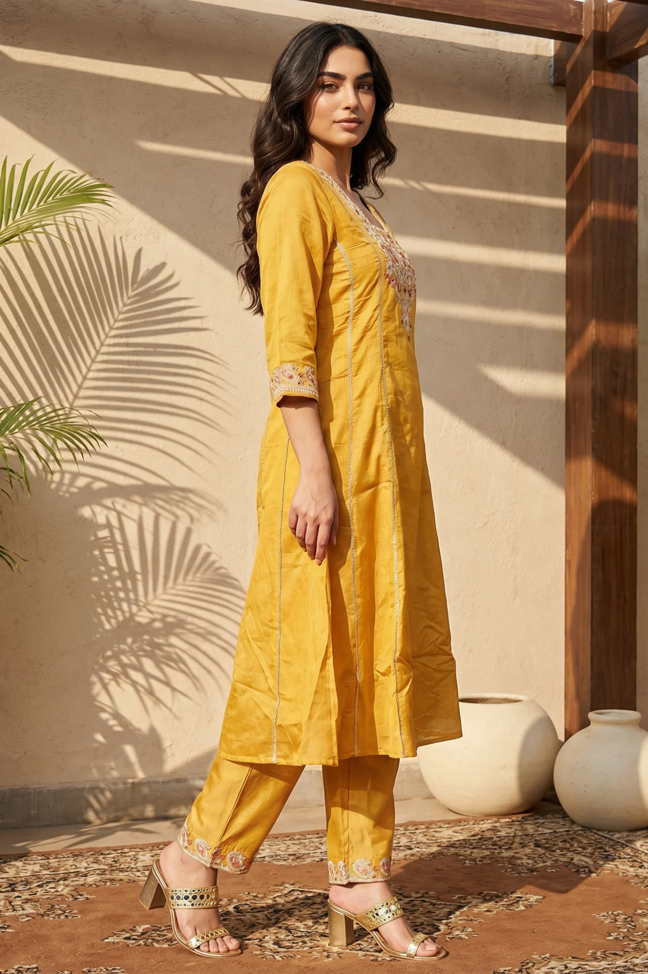 Yellow Floral Embroidered Straight Kurta with Pants and Dupatta Set - Image 6