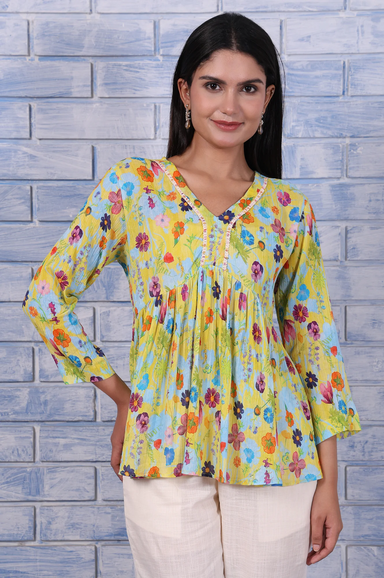 Yellow Floral Printed Thread Embroidered Pure Cotton Tops - Image 2