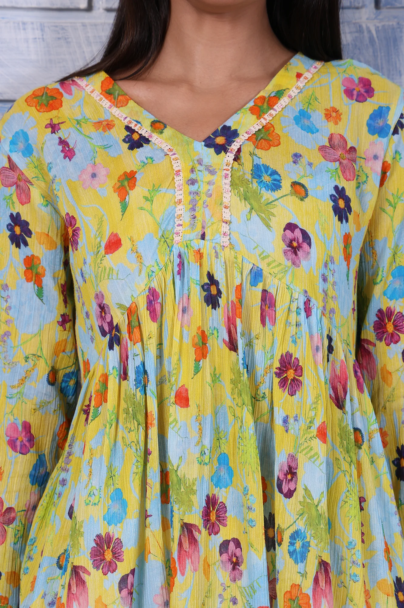 Yellow Floral Printed Thread Embroidered Pure Cotton Tops - Image 3