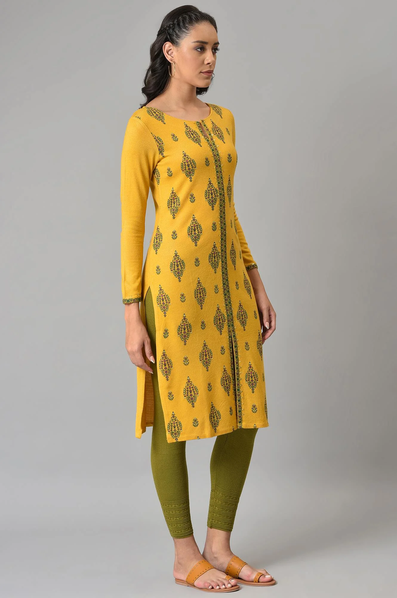 Yellow Floral Printed Winter kurta - Image 4