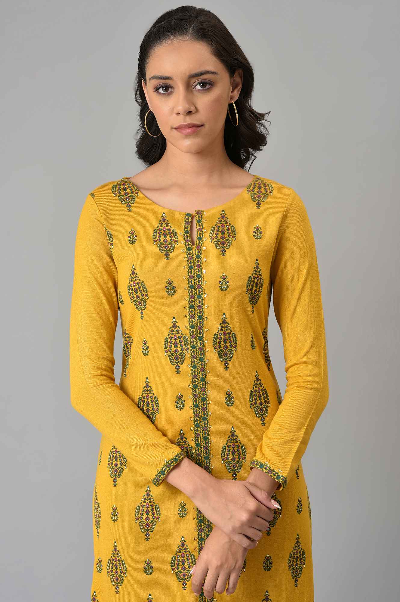 Yellow Floral Printed Winter kurta - Image 6