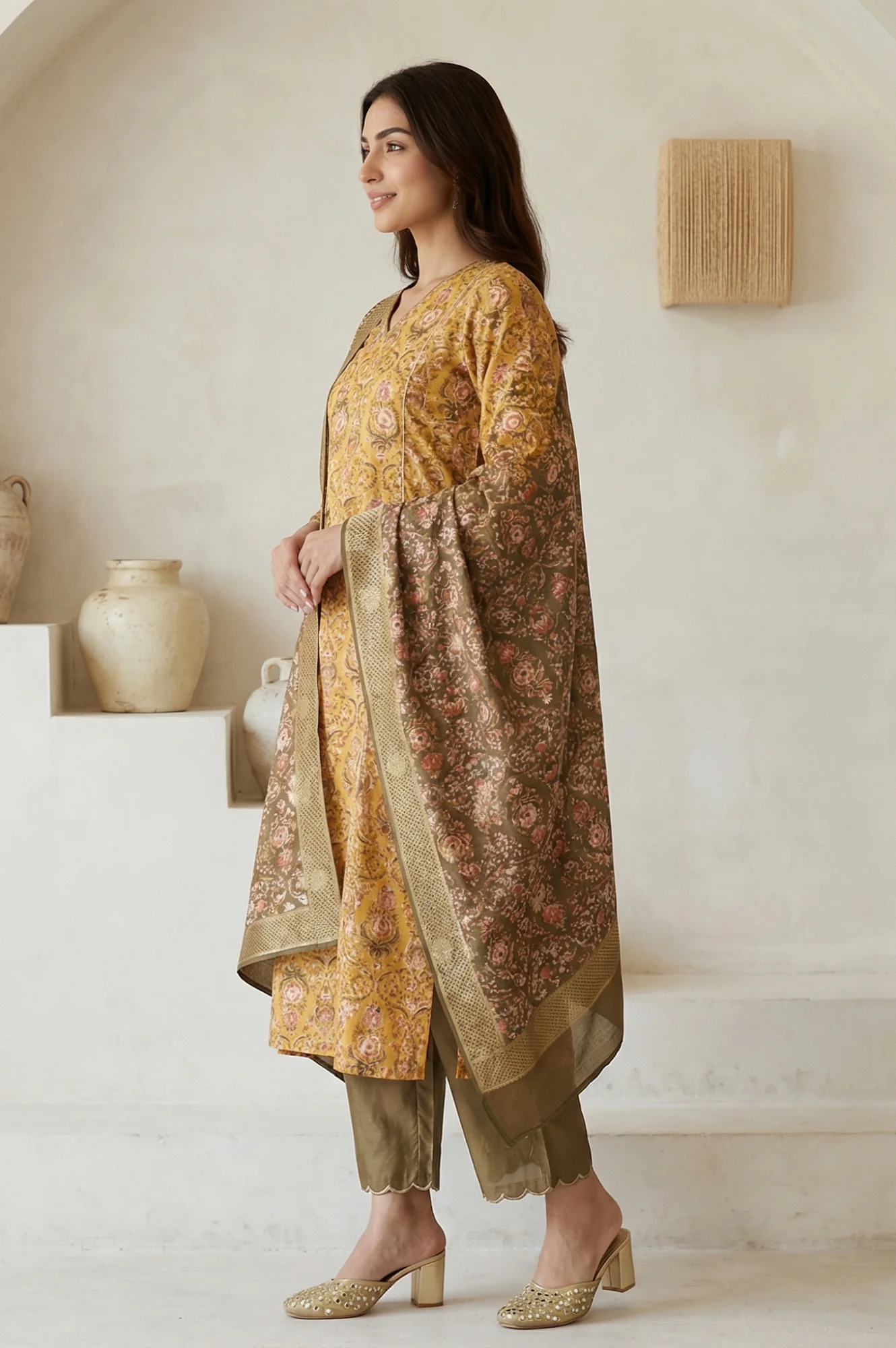 Yellow Floral Printed Zari Work Shantung Straight Kurta with Pants and Dupatta Set - Image 3