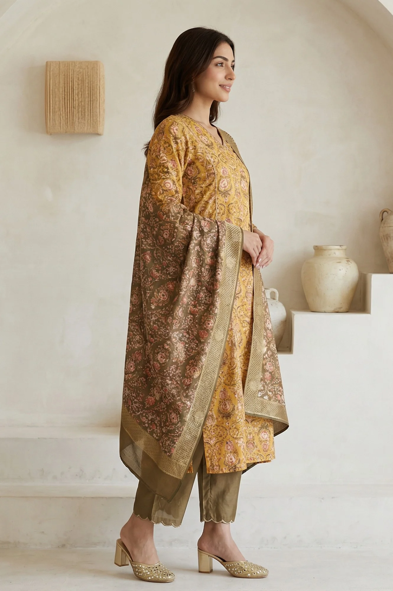 Yellow Floral Printed Zari Work Shantung Straight Kurta with Pants and Dupatta Set - Image 5