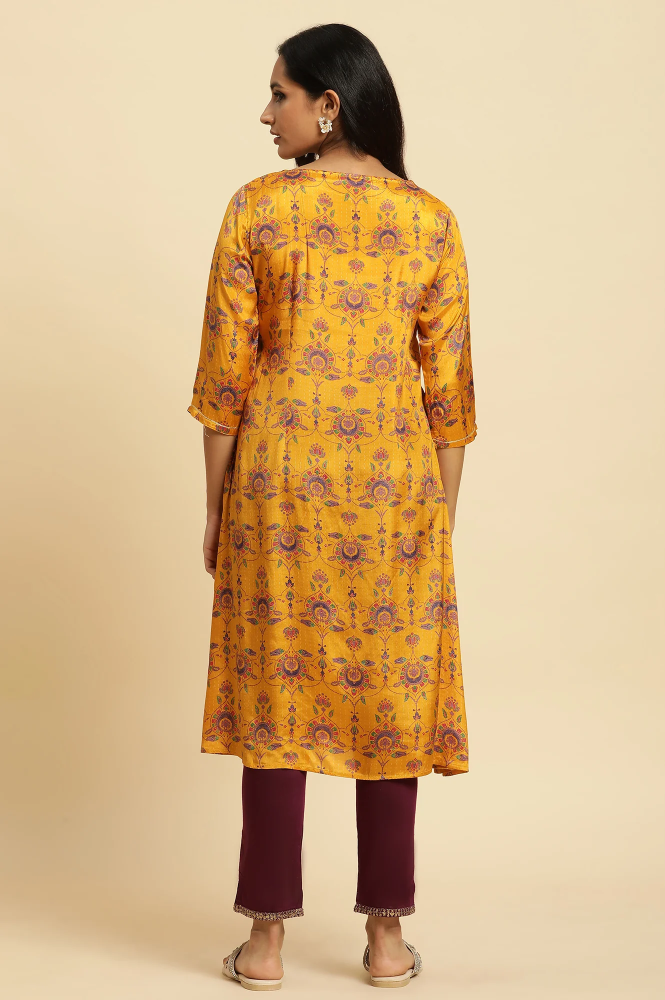 Yellow Floral Suzani Print Sequined Straight Shantung Kurta - Image 4