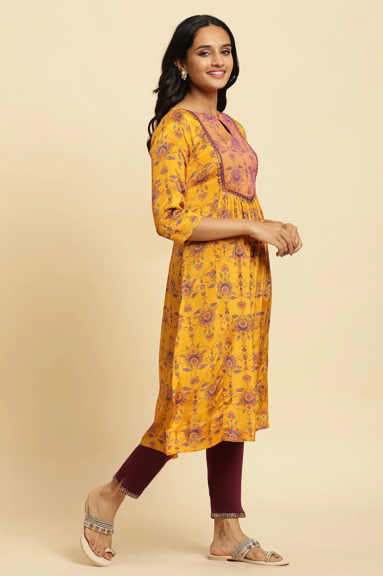 Yellow Floral Suzani Print Sequined Straight Shantung Kurta - Image 5