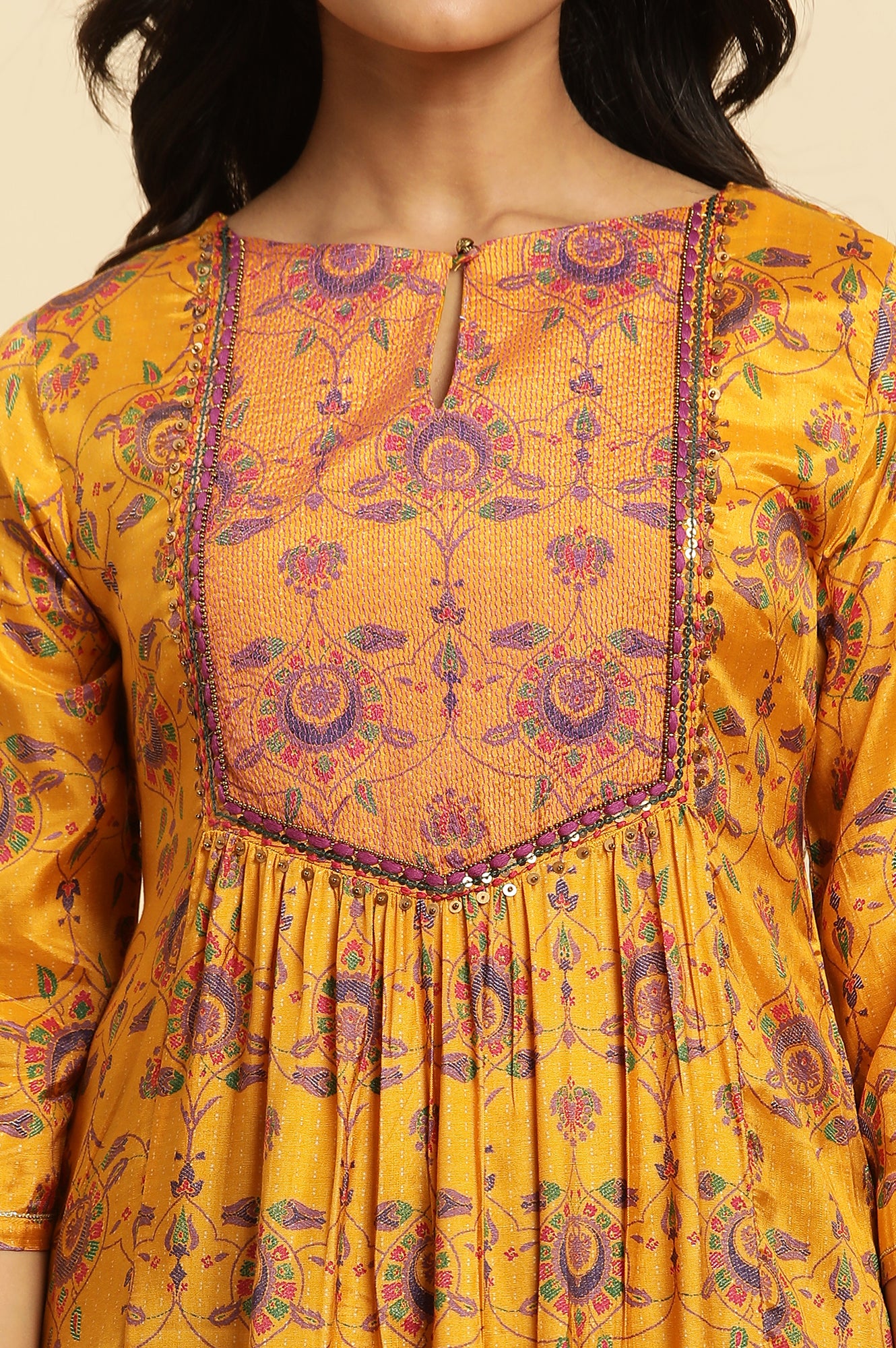 Yellow Floral Suzani Print Sequined Straight Shantung Kurta - Image 6