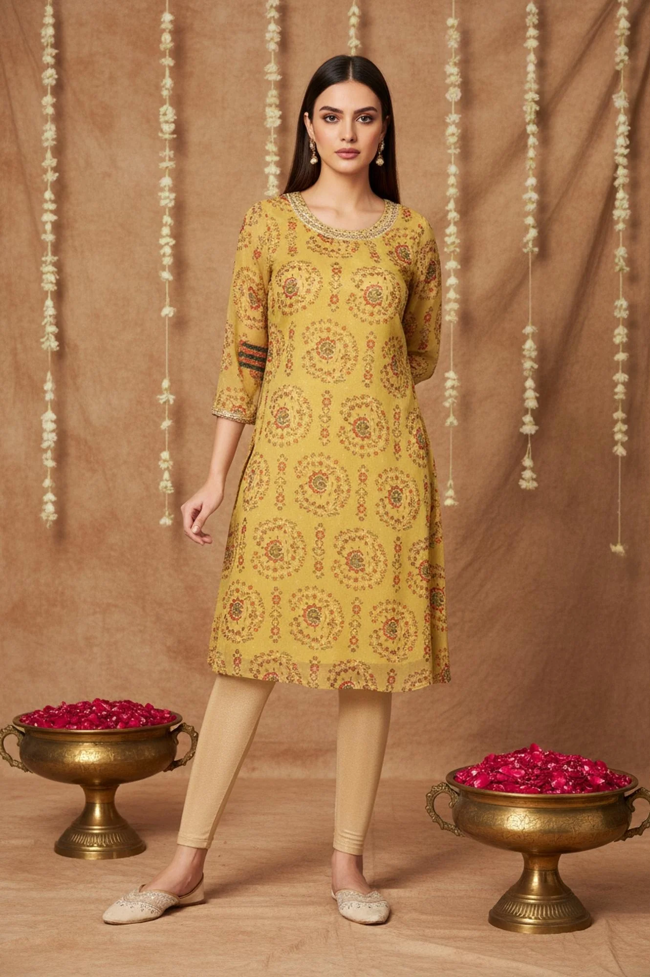 Yellow Floral Thread Work A-Line Chiffon Kurta - Image 2