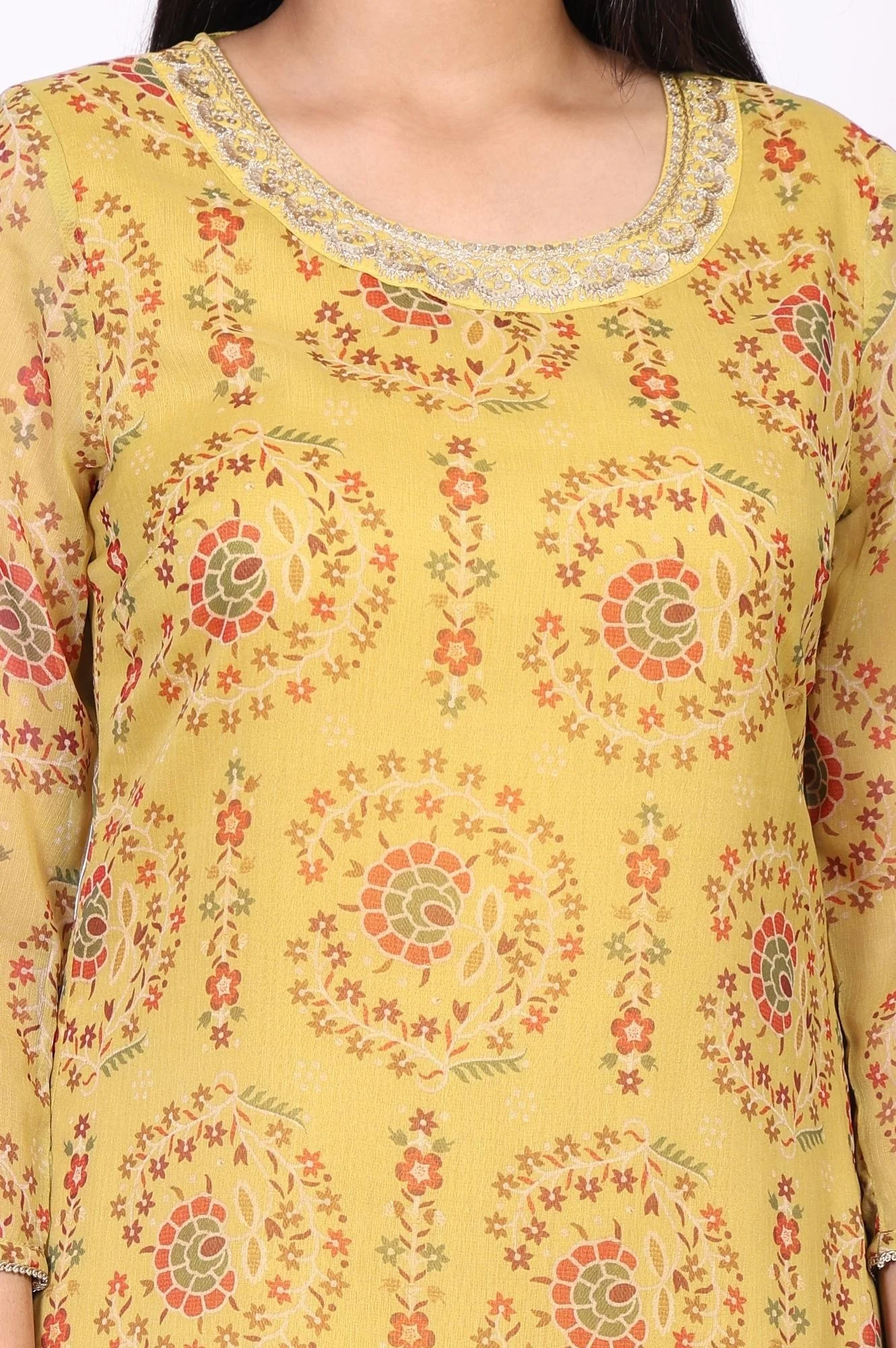 Yellow Floral Thread Work A-Line Chiffon Kurta - Image 3